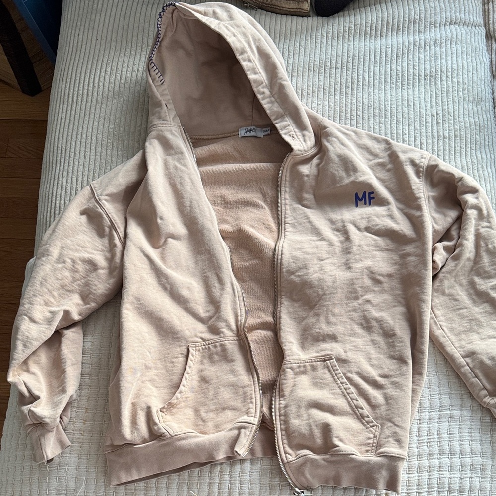 Beige Full-Zip Hoodie Sweatshirt with Subtle 'MF' Embroidery